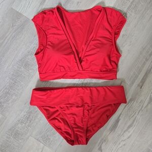 Bleu Rod Beattie Red Cap Sleeve Crop Swim Top & Bikini Bottom Set